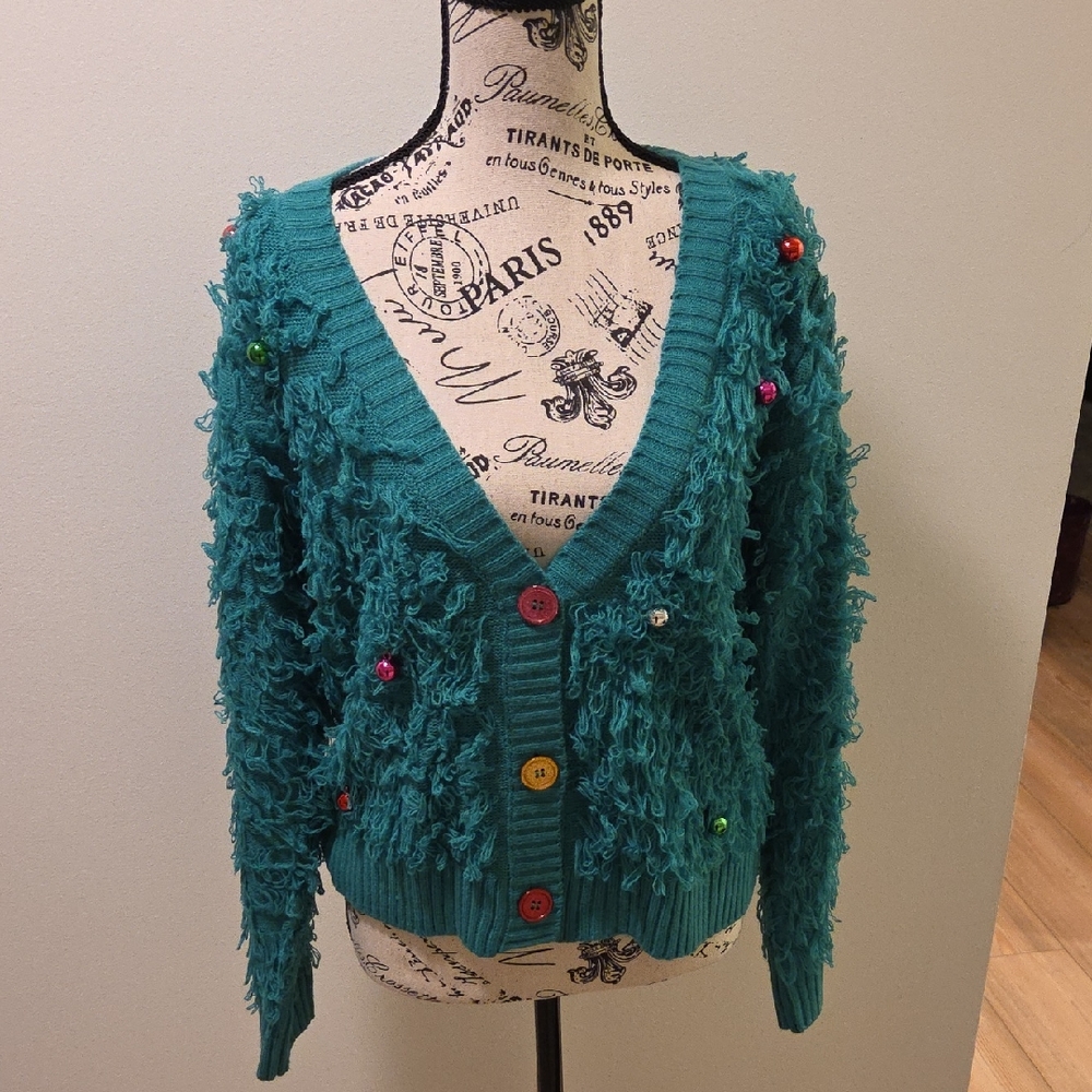 Christmas Tree Green Cardigan with Vibrant Buttons. Size Small
